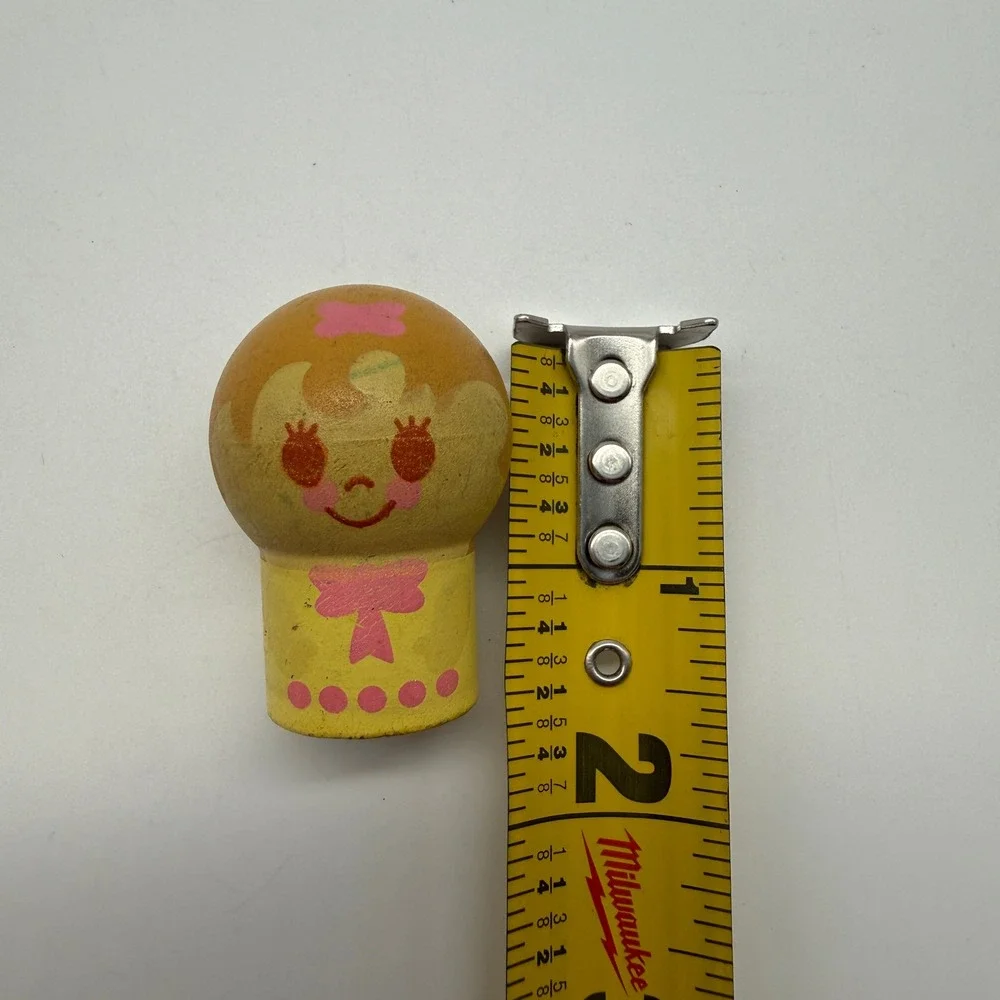 Mattel Peg Figure Girl 1973 Vintage Yellow Bow Polka Dot 1.5 Inch Wooden Toy
